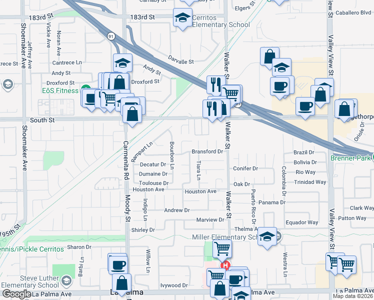 map of restaurants, bars, coffee shops, grocery stores, and more near 5301 Bransford Drive in La Palma