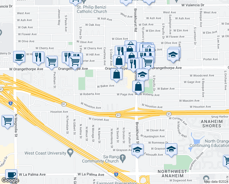 map of restaurants, bars, coffee shops, grocery stores, and more near 1901 West Page Avenue in Fullerton