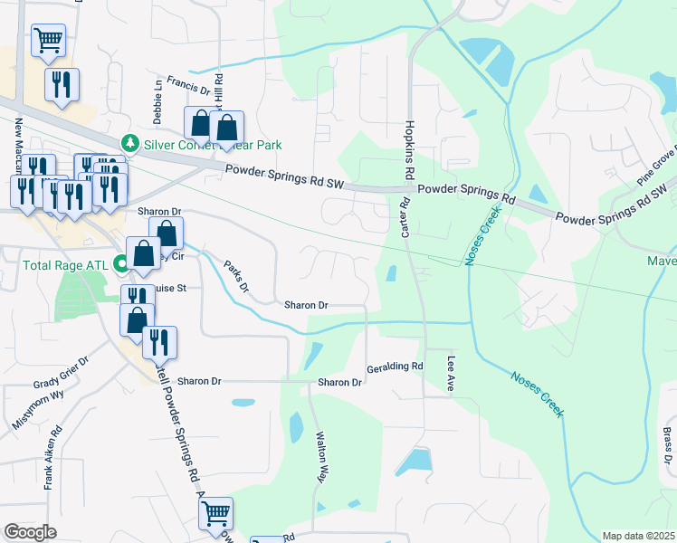 map of restaurants, bars, coffee shops, grocery stores, and more near 4036 Sharon Woods Drive in Powder Springs