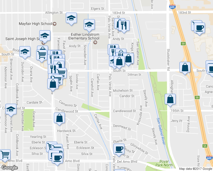 map of restaurants, bars, coffee shops, grocery stores, and more near 6332 Bigelow Street in Lakewood