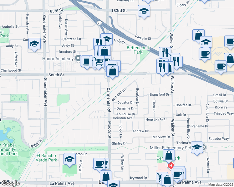 map of restaurants, bars, coffee shops, grocery stores, and more near 7301 Rampart Lane in La Palma