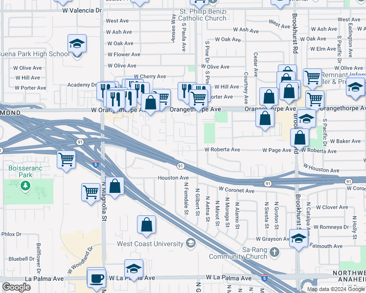 map of restaurants, bars, coffee shops, grocery stores, and more near 2335 W Roberta Ave in Fullerton
