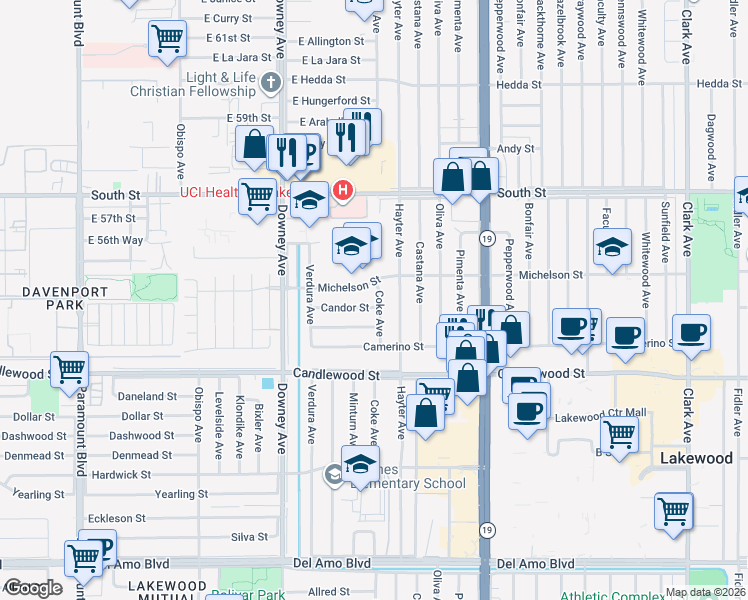 map of restaurants, bars, coffee shops, grocery stores, and more near 3729 Candor Street in Lakewood