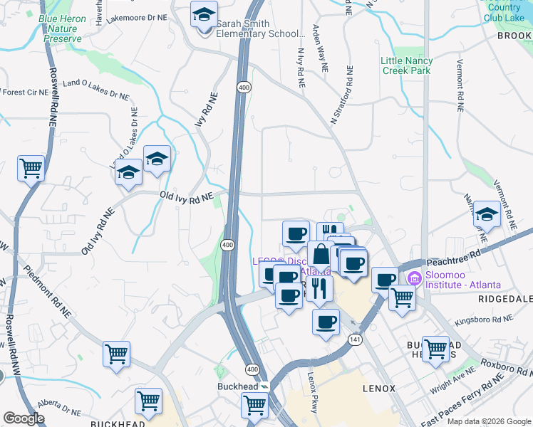 map of restaurants, bars, coffee shops, grocery stores, and more near 610 Longleaf Drive Northeast in Atlanta
