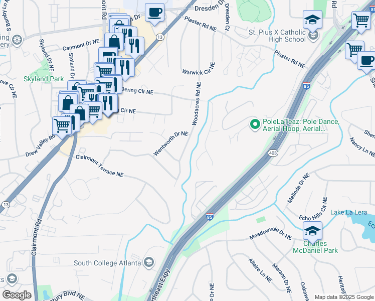 map of restaurants, bars, coffee shops, grocery stores, and more near 2414 Woodacres Road Northeast in Atlanta