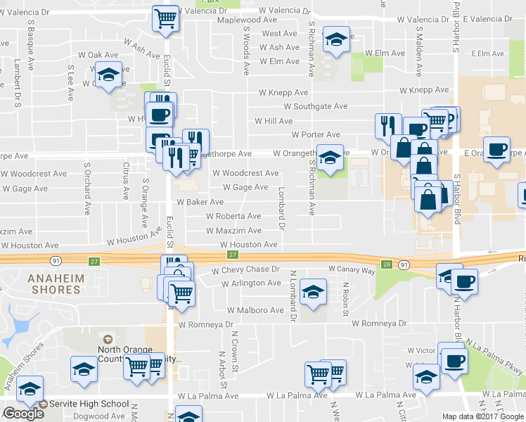 map of restaurants, bars, coffee shops, grocery stores, and more near 631 West Roberta Avenue in Fullerton