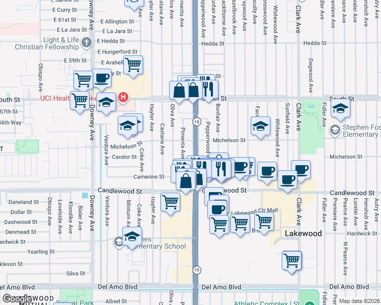 map of restaurants, bars, coffee shops, grocery stores, and more near 5513 Lakewood Boulevard in Lakewood