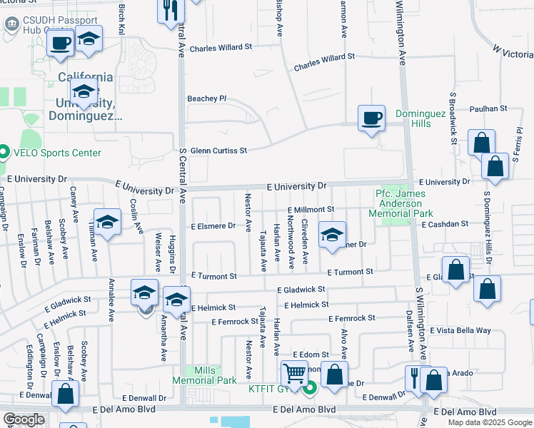 map of restaurants, bars, coffee shops, grocery stores, and more near 19202 Tajauta Avenue in Carson