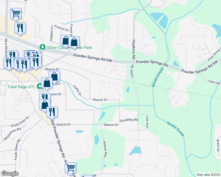 map of restaurants, bars, coffee shops, grocery stores, and more near 4036 Sharon Woods Drive in Powder Springs