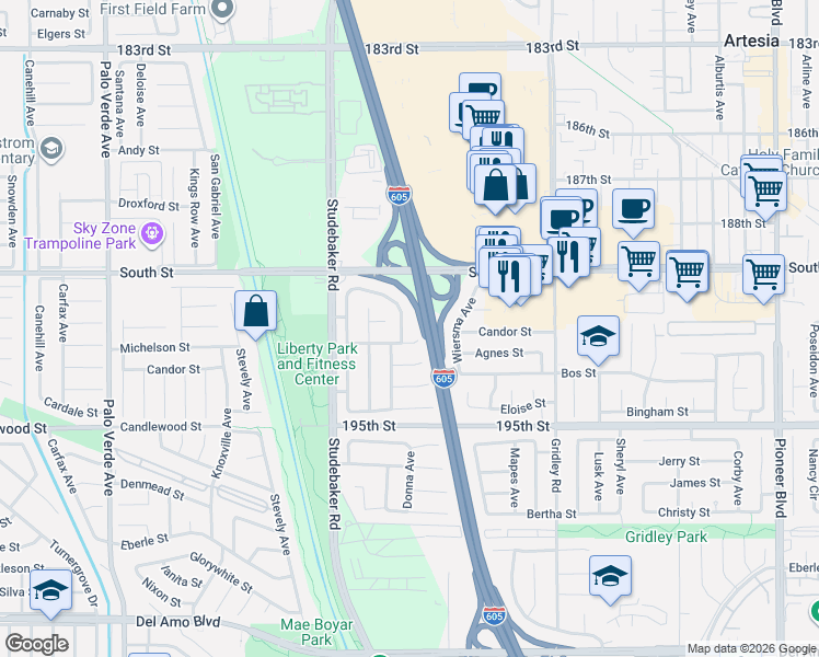 map of restaurants, bars, coffee shops, grocery stores, and more near 19130 Crossdale Avenue in Cerritos