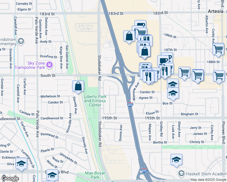 map of restaurants, bars, coffee shops, grocery stores, and more near 11056 Bigelow Circle in Cerritos
