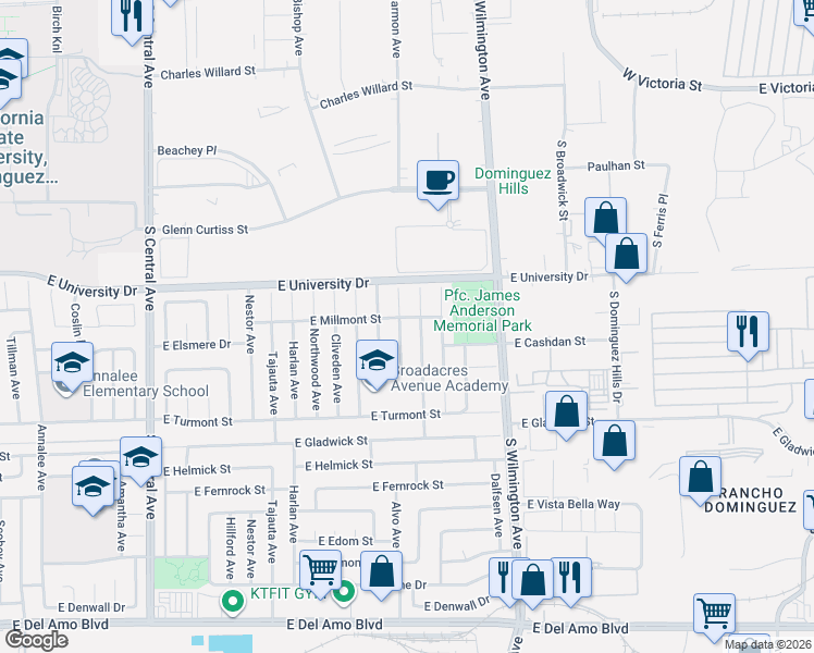 map of restaurants, bars, coffee shops, grocery stores, and more near 19206 Andmark Avenue in Carson
