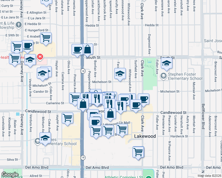 map of restaurants, bars, coffee shops, grocery stores, and more near 5513 Graywood Avenue in Lakewood