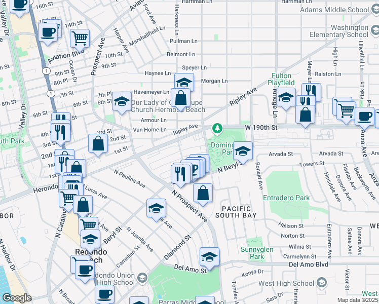map of restaurants, bars, coffee shops, grocery stores, and more near 1308 Agate Street in Redondo Beach