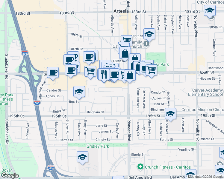 map of restaurants, bars, coffee shops, grocery stores, and more near 19127 Pioneer Boulevard in Artesia