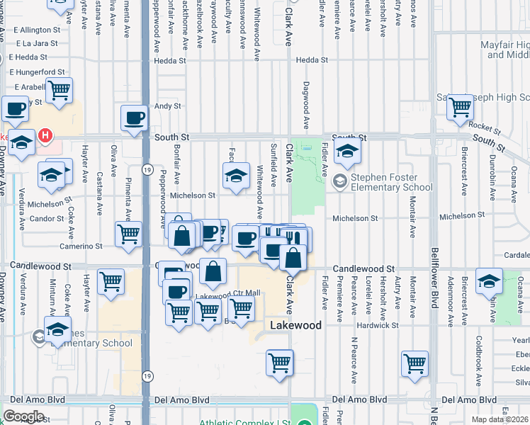 map of restaurants, bars, coffee shops, grocery stores, and more near 5506 Whitewood Avenue in Lakewood