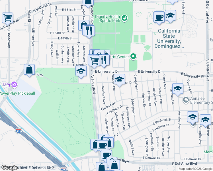 map of restaurants, bars, coffee shops, grocery stores, and more near 19209 Reinhart Avenue in Carson