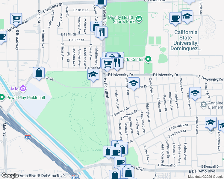 map of restaurants, bars, coffee shops, grocery stores, and more near 19209 Reinhart Avenue in Carson