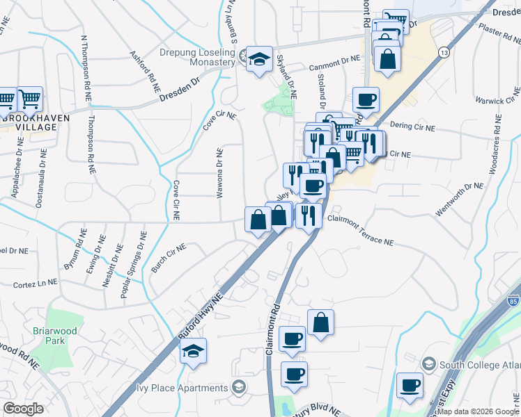 map of restaurants, bars, coffee shops, grocery stores, and more near 2694 East Drew Valley Road Northeast in Atlanta