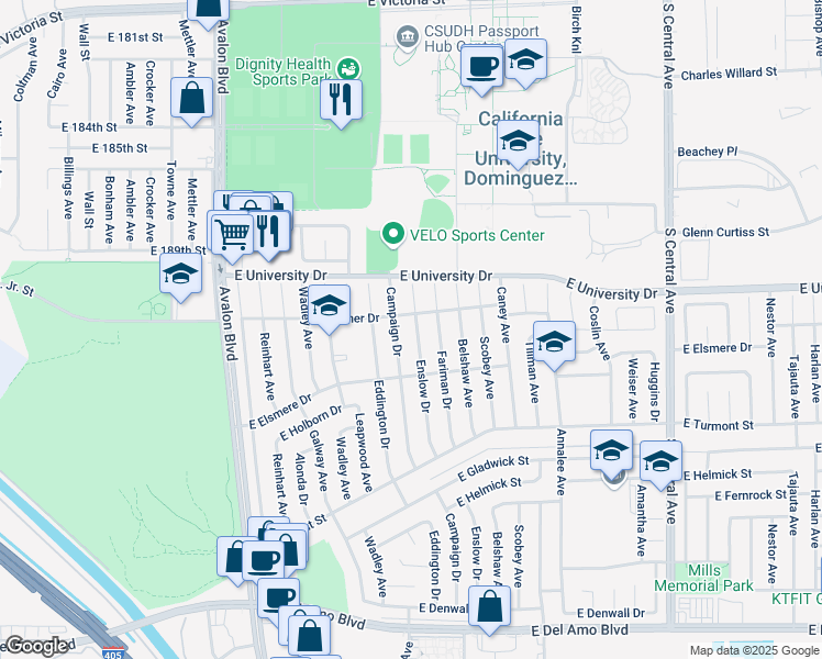 map of restaurants, bars, coffee shops, grocery stores, and more near 19215 Enslow Drive in Carson