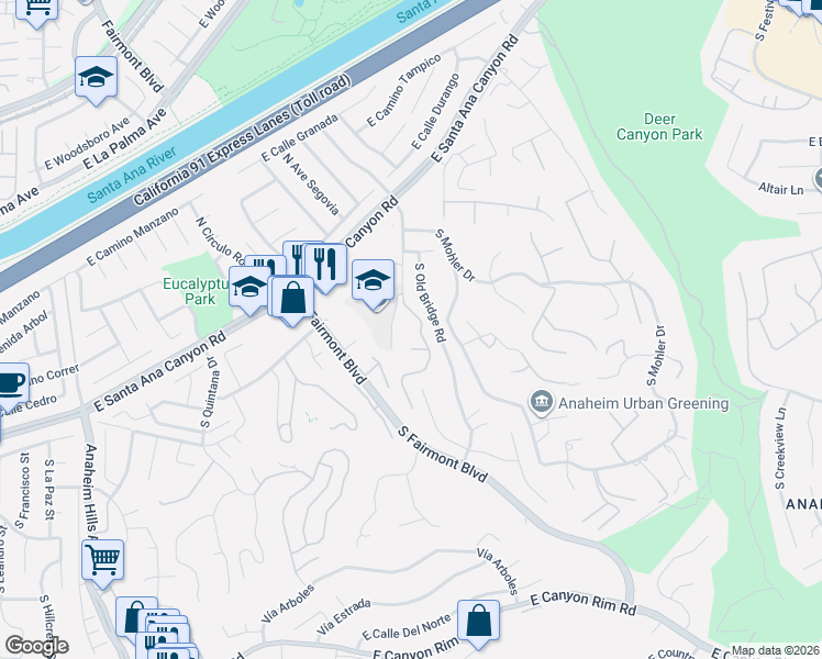map of restaurants, bars, coffee shops, grocery stores, and more near 243 S Del Giorgio Rd in Anaheim
