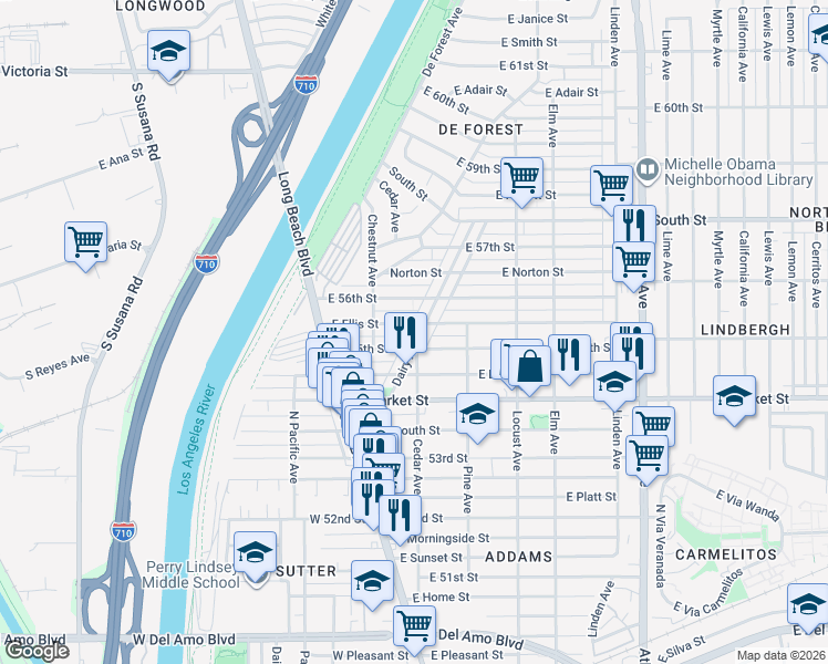 map of restaurants, bars, coffee shops, grocery stores, and more near 5529 Dairy Avenue in Long Beach