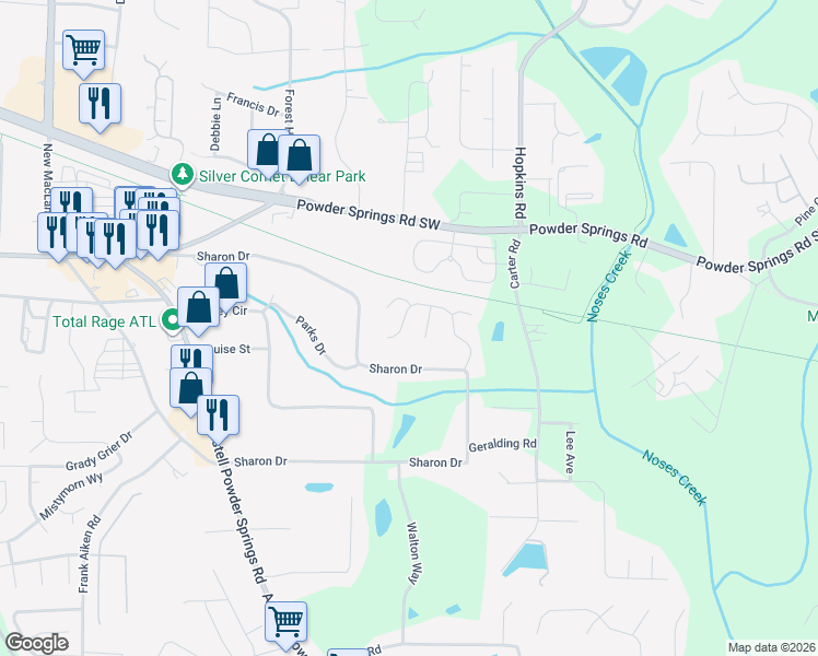 map of restaurants, bars, coffee shops, grocery stores, and more near 4018 Sharon Woods Drive in Powder Springs