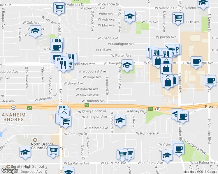 map of restaurants, bars, coffee shops, grocery stores, and more near 1436 Lombard Drive in Fullerton