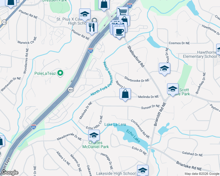 map of restaurants, bars, coffee shops, grocery stores, and more near 2424 Melinda Court Northeast in Atlanta
