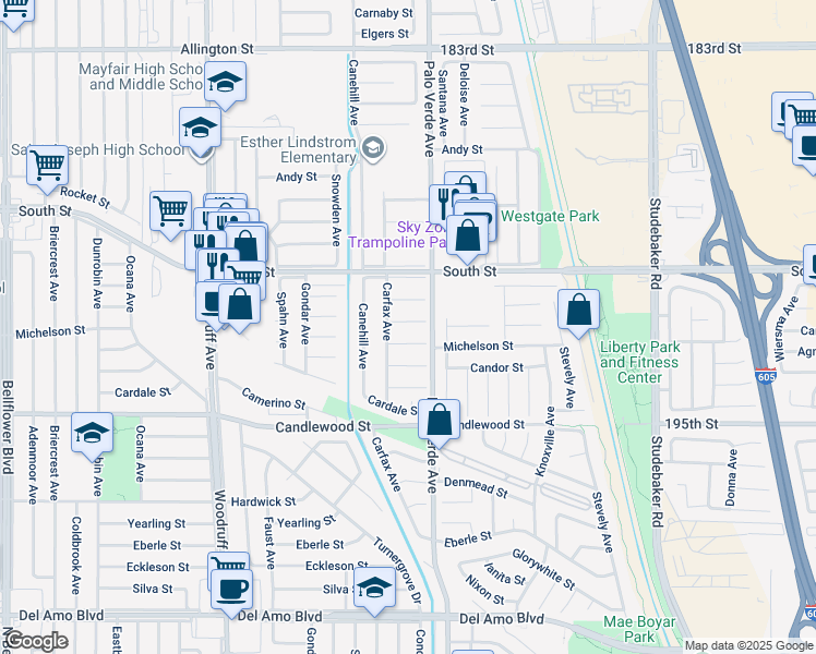 map of restaurants, bars, coffee shops, grocery stores, and more near 6322 Bigelow Street in Lakewood
