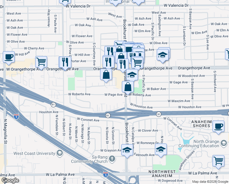 map of restaurants, bars, coffee shops, grocery stores, and more near 1861 West Page Avenue in Fullerton