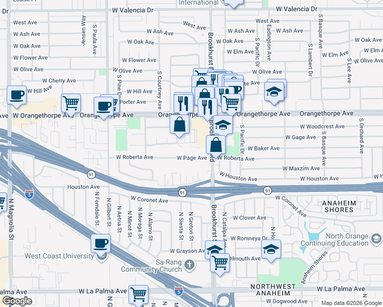 map of restaurants, bars, coffee shops, grocery stores, and more near 1861 West Page Avenue in Fullerton