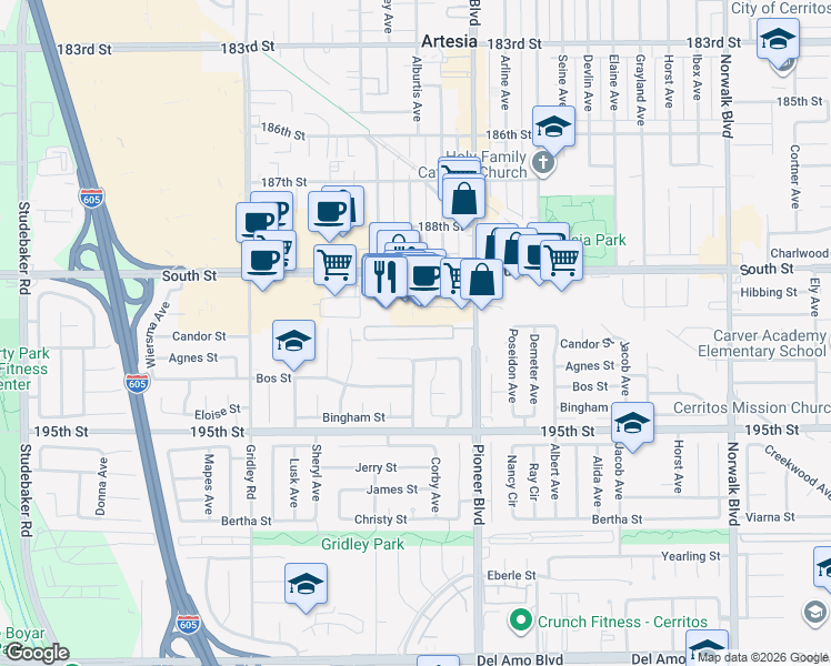 map of restaurants, bars, coffee shops, grocery stores, and more near 11657 Buford Street in Cerritos