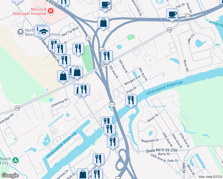 map of restaurants, bars, coffee shops, grocery stores, and more near 195 4th Avenue North in North Myrtle Beach