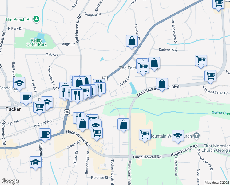 map of restaurants, bars, coffee shops, grocery stores, and more near 2477 Ivey Crest Circle in Tucker
