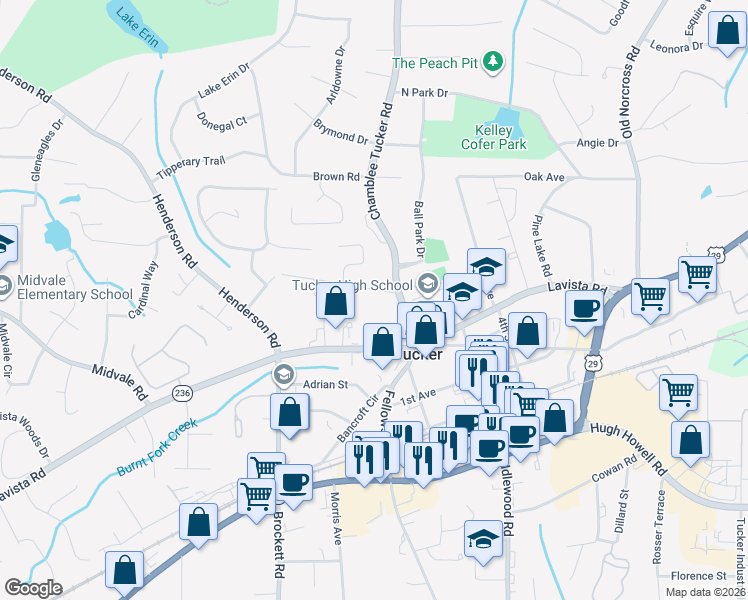 map of restaurants, bars, coffee shops, grocery stores, and more near 4149 Morgan Road in Tucker