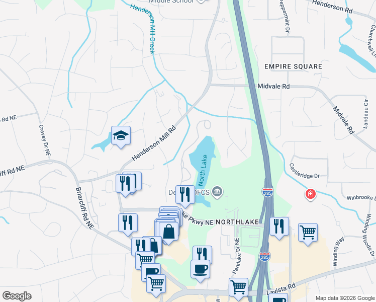 map of restaurants, bars, coffee shops, grocery stores, and more near 2439 Northlake Court Northeast in Atlanta