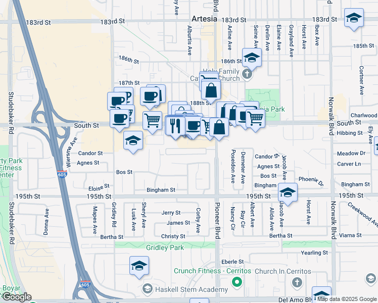 map of restaurants, bars, coffee shops, grocery stores, and more near 19127 Pioneer Boulevard in Artesia