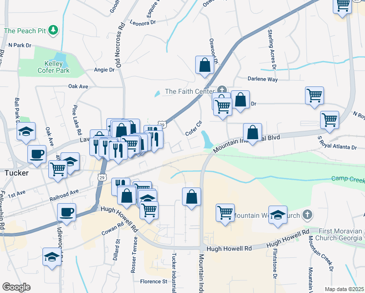 map of restaurants, bars, coffee shops, grocery stores, and more near 2477 Ivey Crest Circle in Tucker