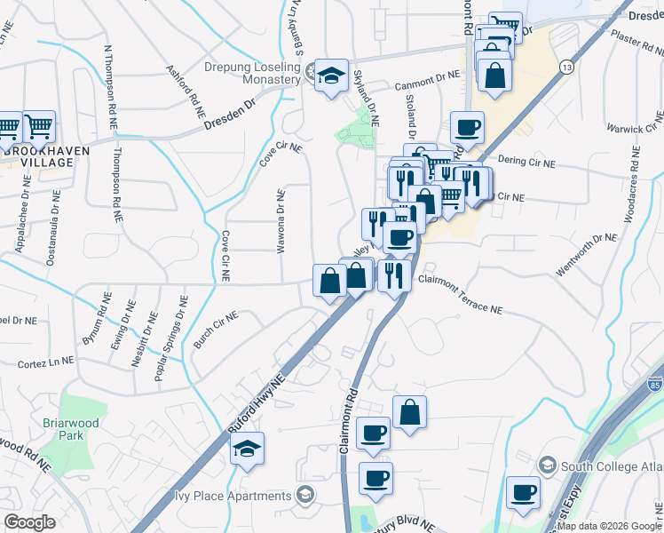 map of restaurants, bars, coffee shops, grocery stores, and more near 2694 East Drew Valley Road Northeast in Atlanta