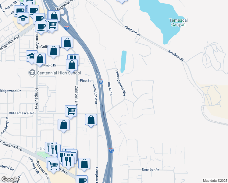 map of restaurants, bars, coffee shops, grocery stores, and more near 1841 Bel Air Street in Corona