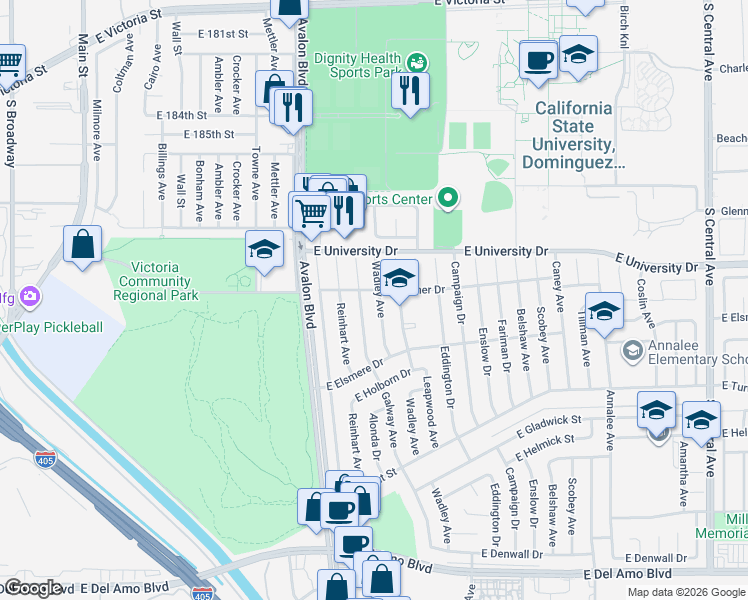 map of restaurants, bars, coffee shops, grocery stores, and more near 19209 Wadley Ave in Carson