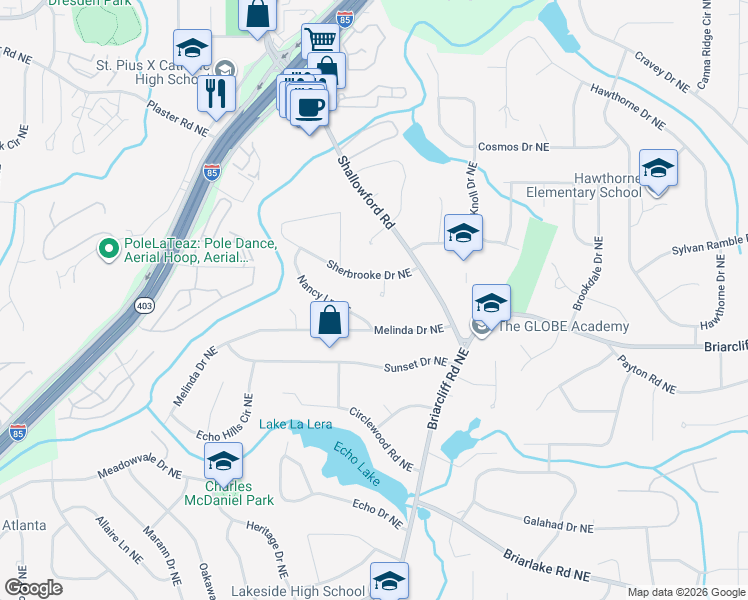 map of restaurants, bars, coffee shops, grocery stores, and more near 2430 Sherbrooke Court Northeast in Atlanta