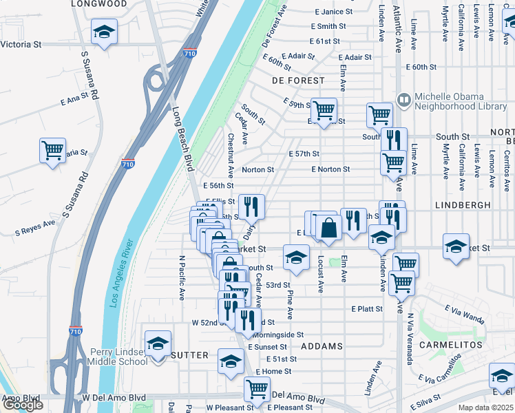 map of restaurants, bars, coffee shops, grocery stores, and more near 5529 Dairy Avenue in Long Beach