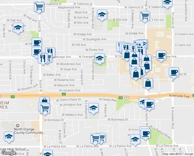 map of restaurants, bars, coffee shops, grocery stores, and more near 467 West Roberta Avenue in Fullerton