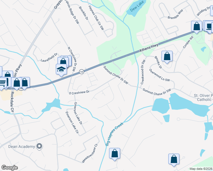 map of restaurants, bars, coffee shops, grocery stores, and more near 2860 Summit View Court in Snellville