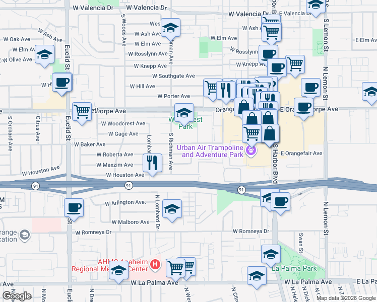 map of restaurants, bars, coffee shops, grocery stores, and more near 443 West Roberta Avenue in Fullerton