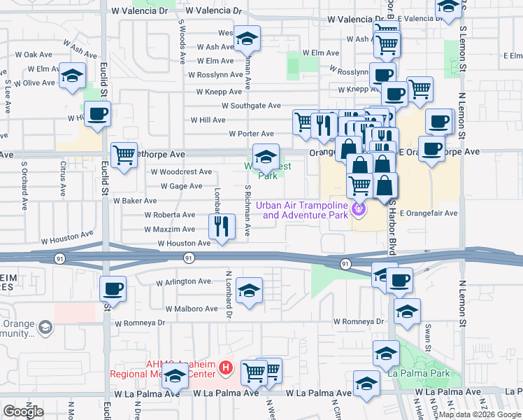 map of restaurants, bars, coffee shops, grocery stores, and more near 461 West Roberta Avenue in Fullerton