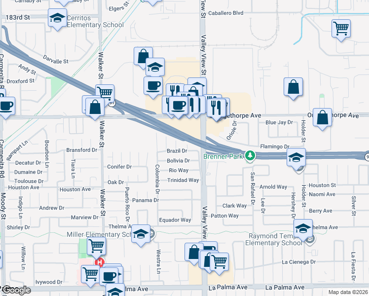 map of restaurants, bars, coffee shops, grocery stores, and more near 5865 Brazil Drive in Buena Park