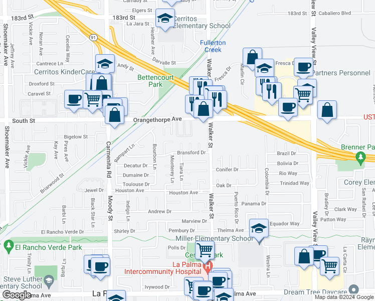 map of restaurants, bars, coffee shops, grocery stores, and more near 7161 Caprice Circle in La Palma